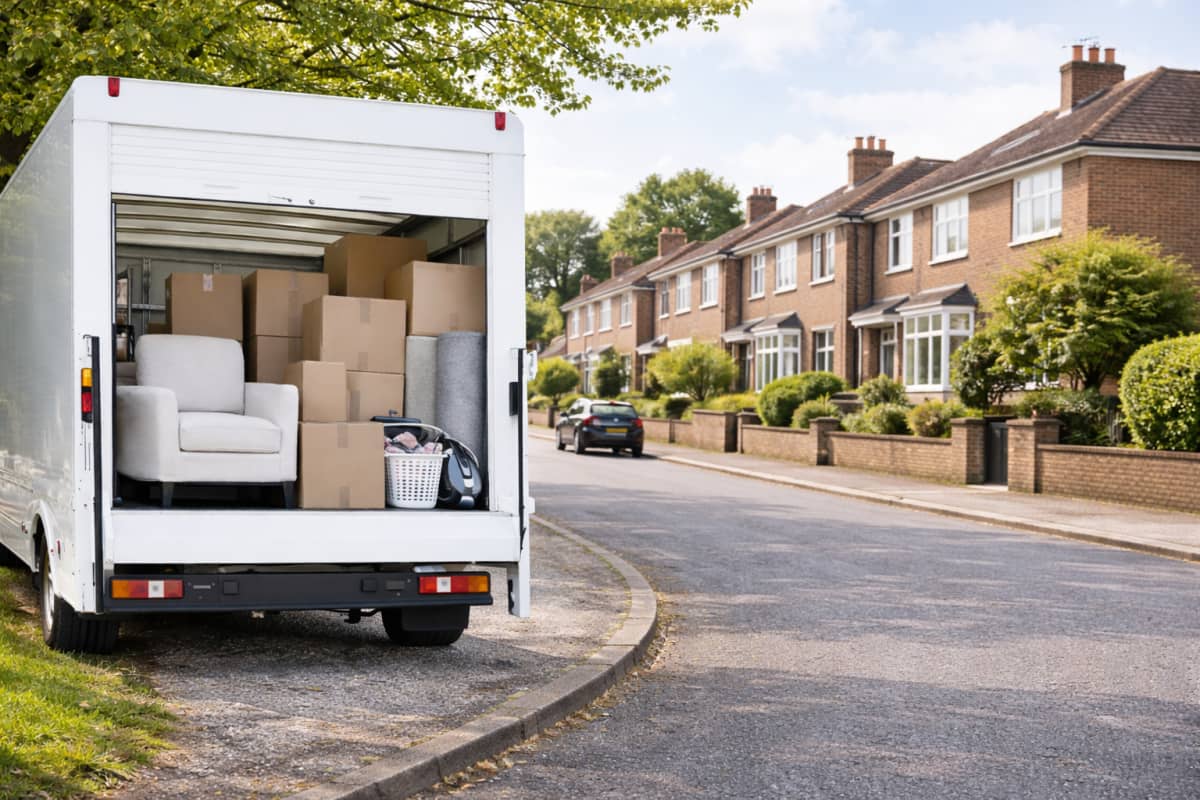 Removal van with boxes and protected furniture ready for transport