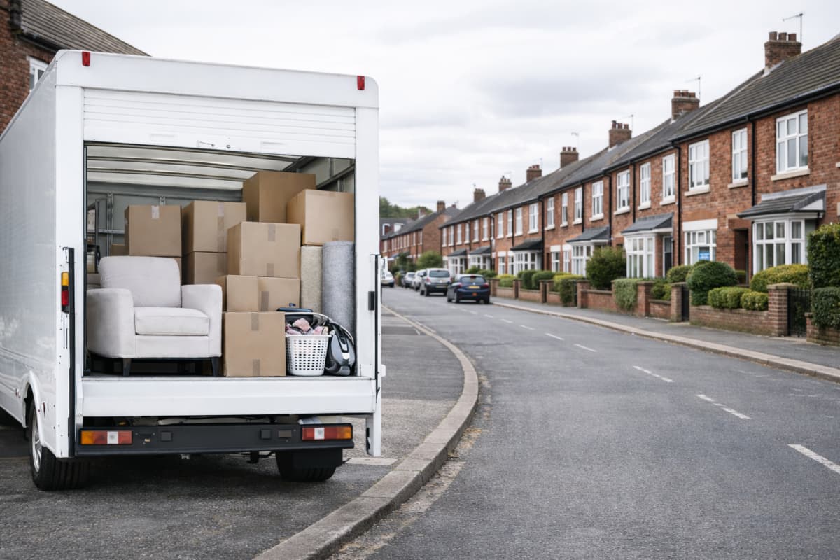 Removal van with boxes and protected furniture ready for transport
