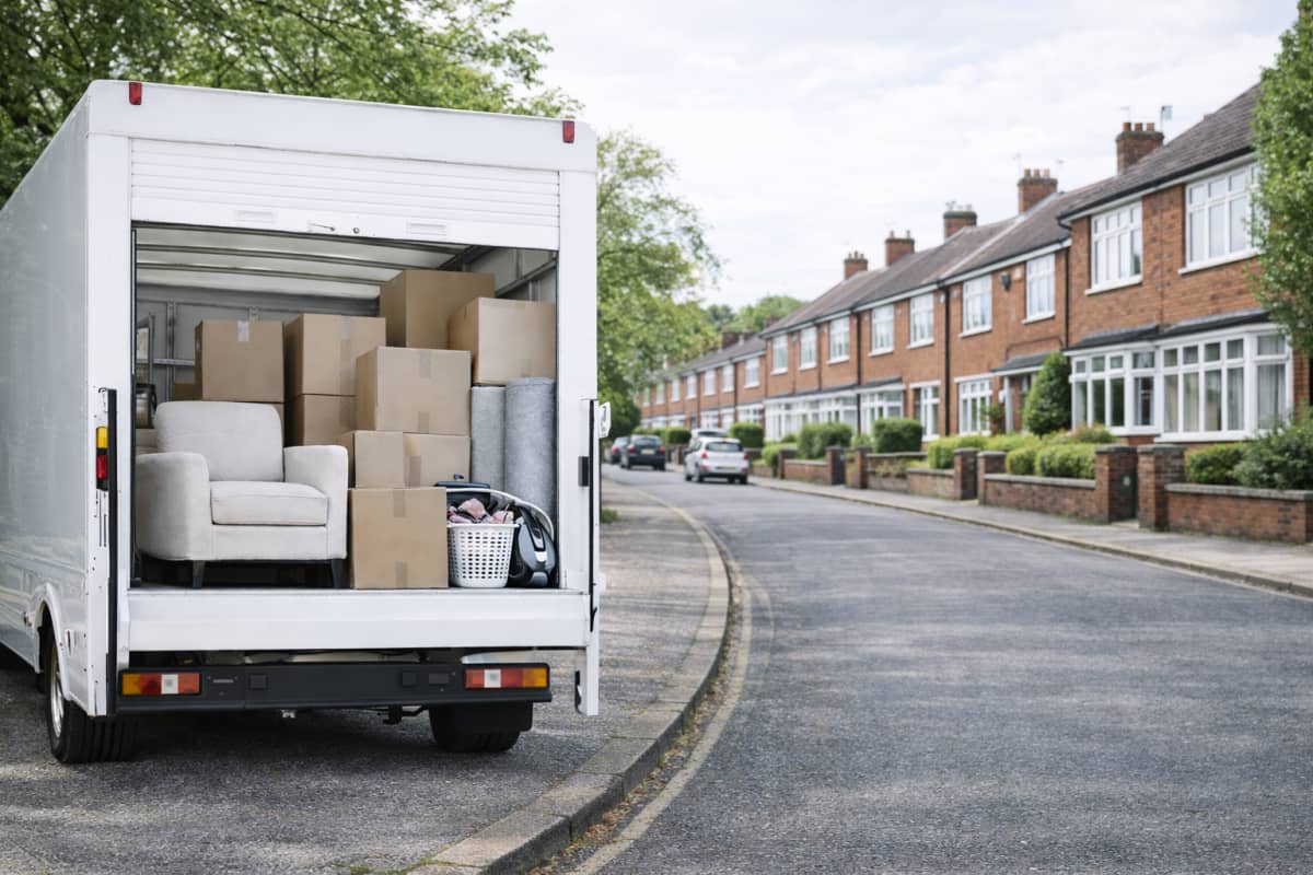 Removal van with boxes and protected furniture ready for transport
