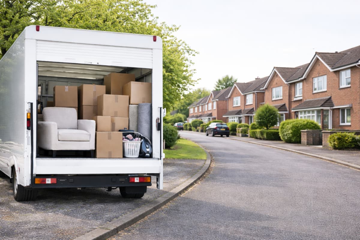 Removal van with boxes and protected furniture ready for transport