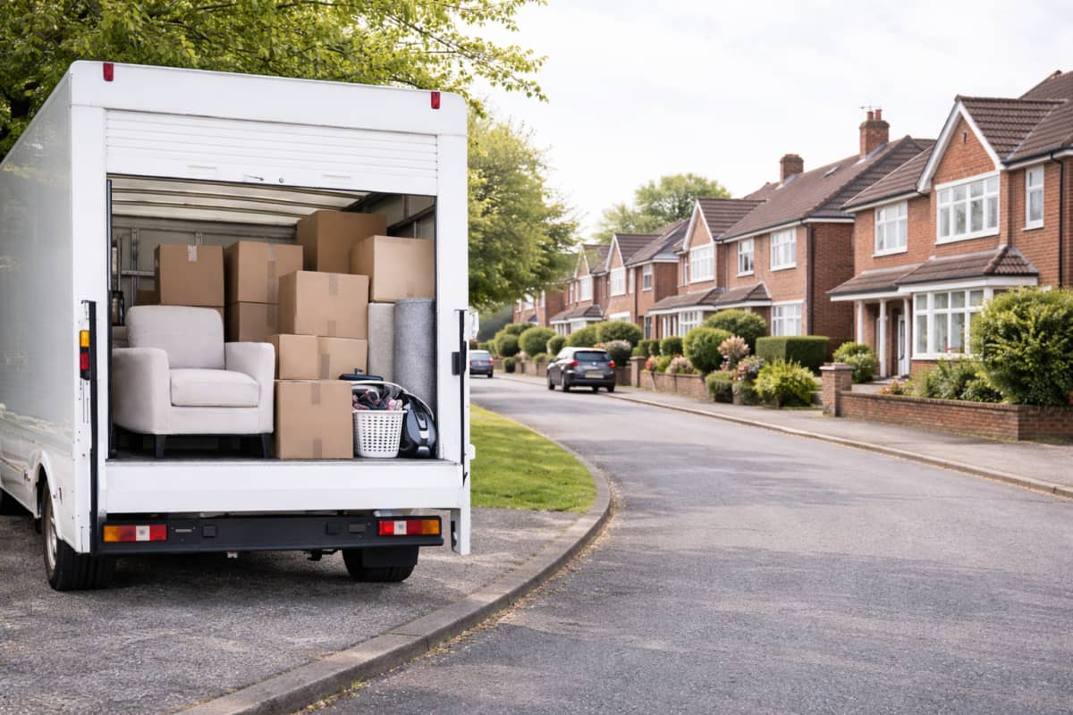Removal van with boxes and protected furniture ready for transport