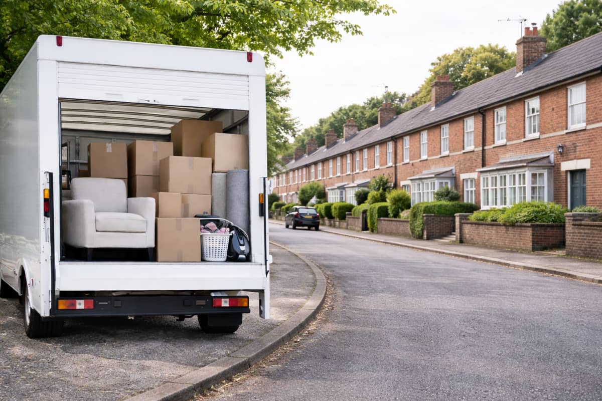 Removal van with boxes and protected furniture ready for transport