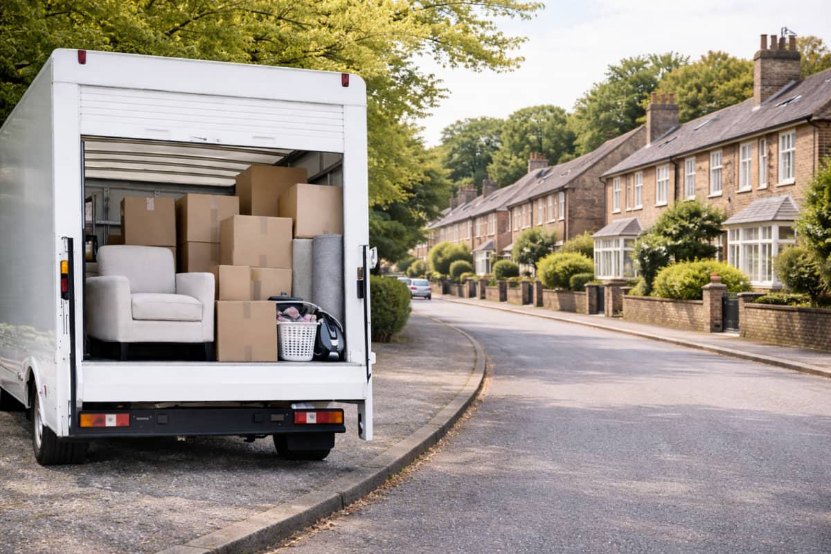 Removal van with boxes and protected furniture ready for transport