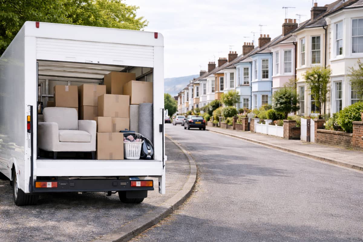 Removal van with boxes and protected furniture ready for transport