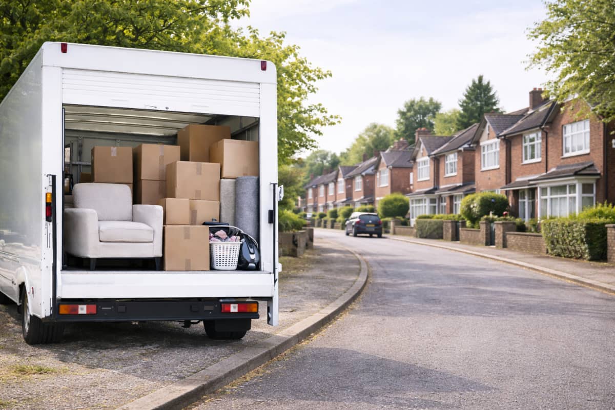 Removal van with boxes and protected furniture ready for transport