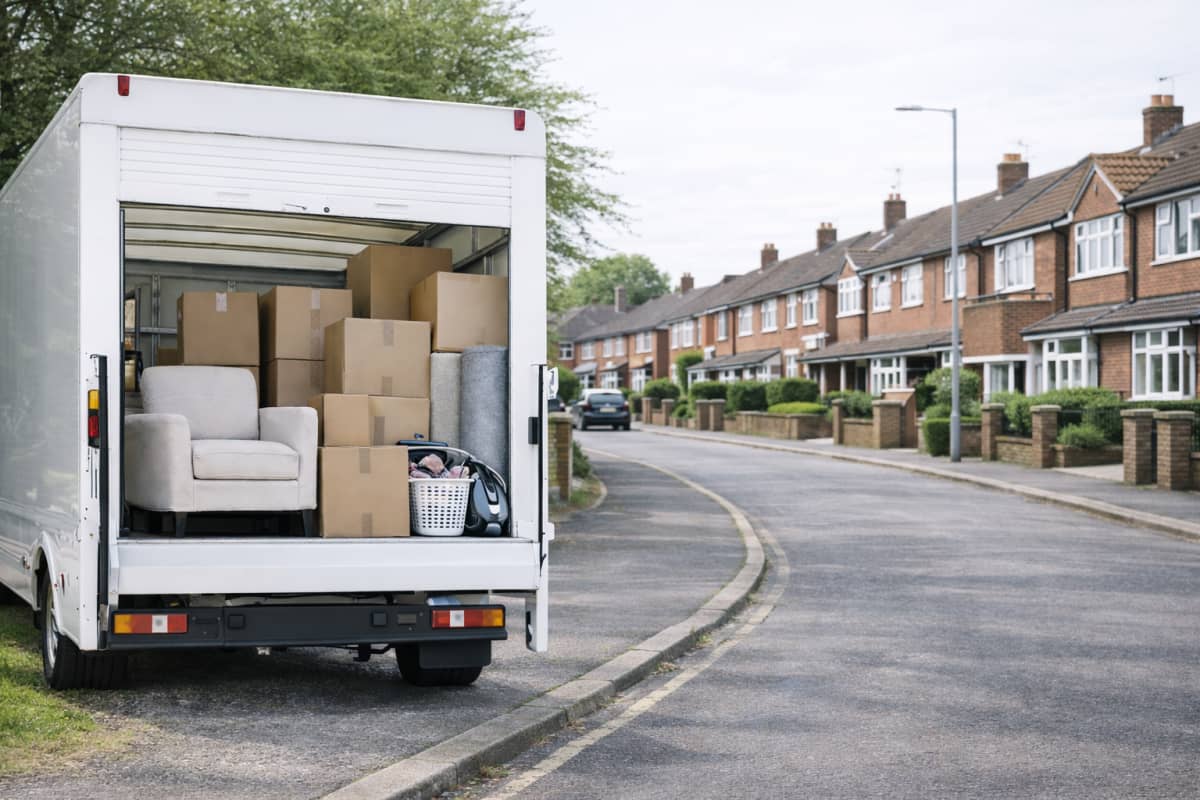 Removal van with boxes and protected furniture ready for transport