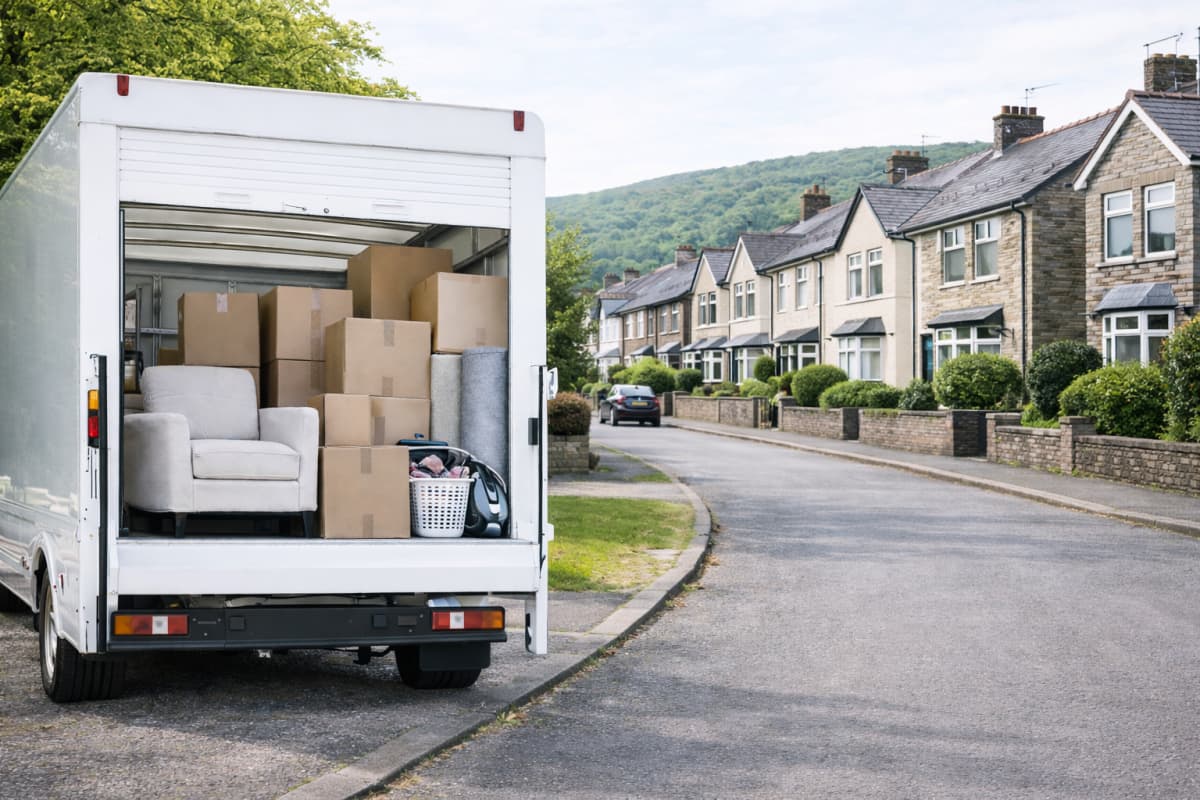 Removal van with boxes and protected furniture ready for transport