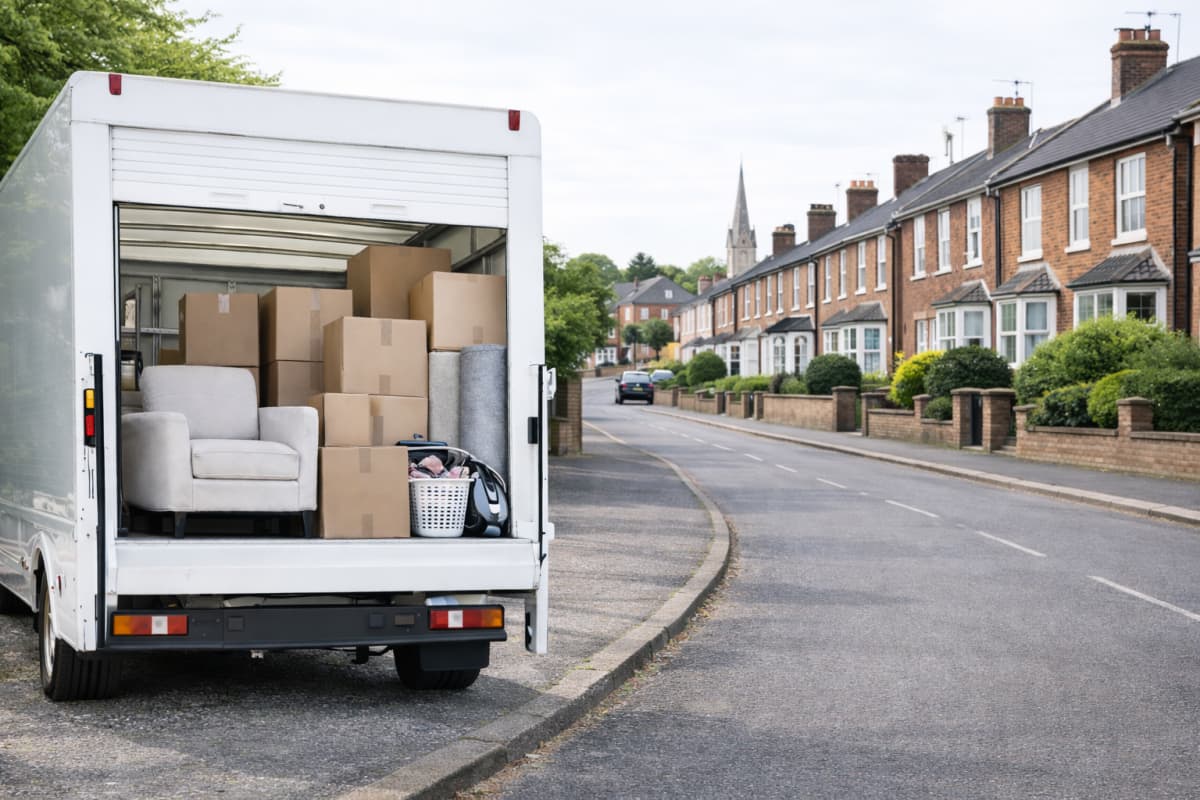 Removal van with boxes and protected furniture ready for transport