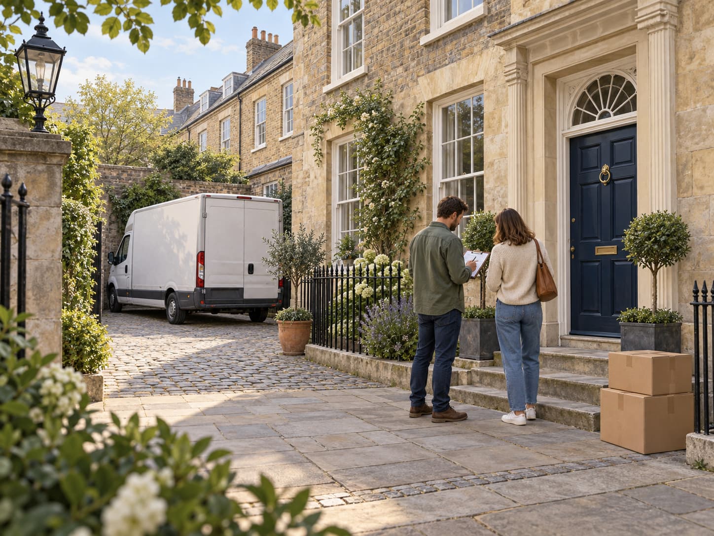 Illustration of two people planning access beside a period home, with a moving van in a nearby courtyard.