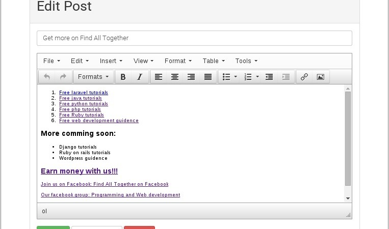 Edit post page with tinyMCE WYSIWYG editor