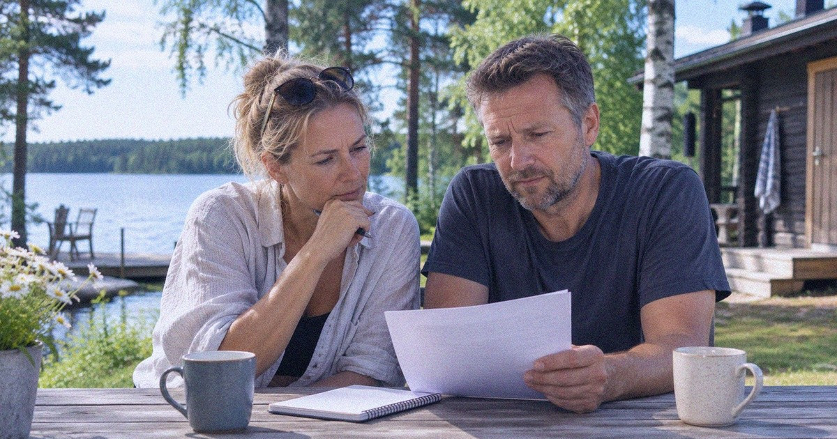 Suomalainen perhe tarkastelee mökin ylläpitokuluja järvenrantamökin pihassa
