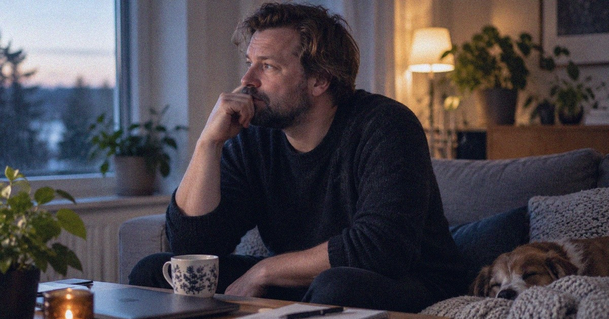 Mies istuskelee kotona töiden jälkeen.