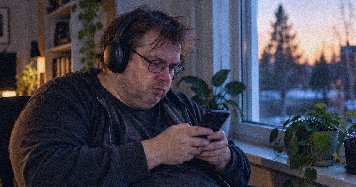 Kuulokkeita käyttävä mies kirjoittaa puhelimellaan ikkunan ääressä.