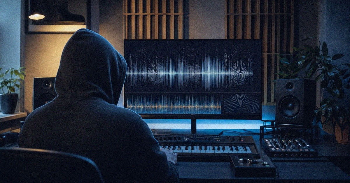 Musiikkituottaja tarkastelee ääniaaltoa nykyaikaisessa studiossa.