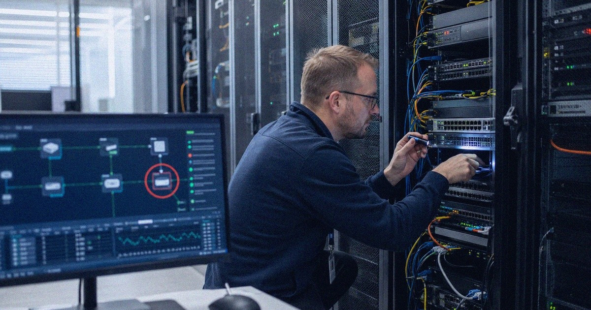 Verkon ylläpitäjä tarkistaa reitittimien ja palomuurien tietoturvaa palvelintilassa
