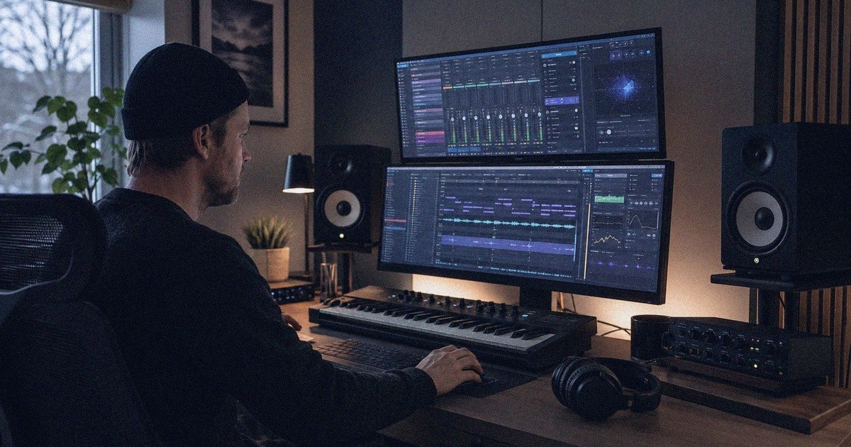 Elektronisen musiikin tuottaja työskentelee kotistudiossa.