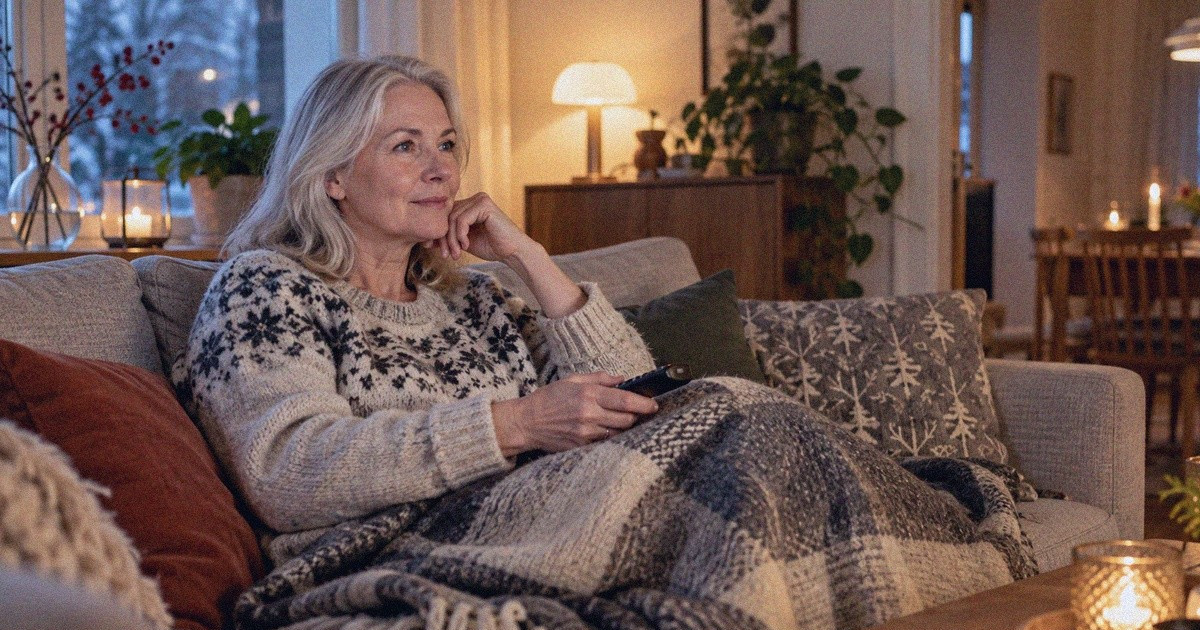 Hopeahiuksinen nainen katsoo televisiota sohvalla peitto sylissään.