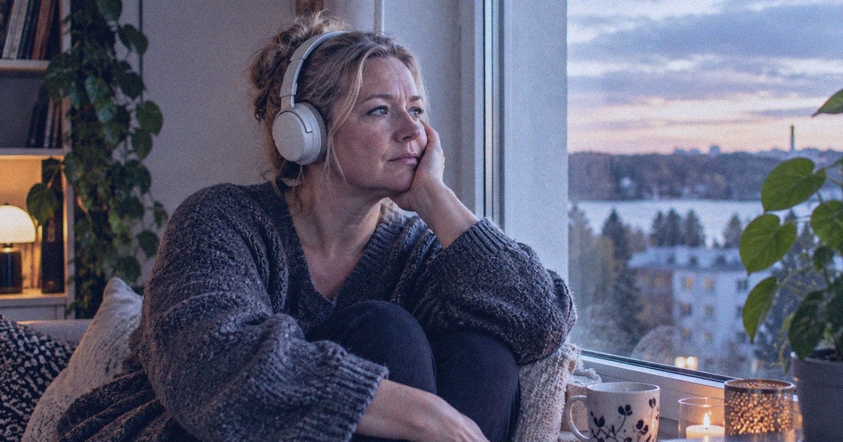 Nainen kuuntelee kuulokkeilla musiikkia asunnon ikkunan ääressä.