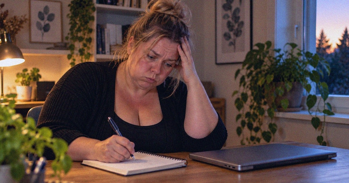 Nainen kirjoittaa muistikirjaan suljetun kannettavan tietokoneen vieressä työpäivän päätteeksi.