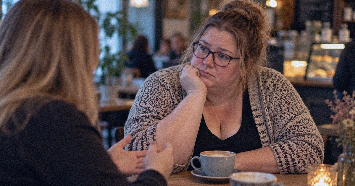 Nainen kuuntelee ystäväänsä mietteliäänä kahvilassa.