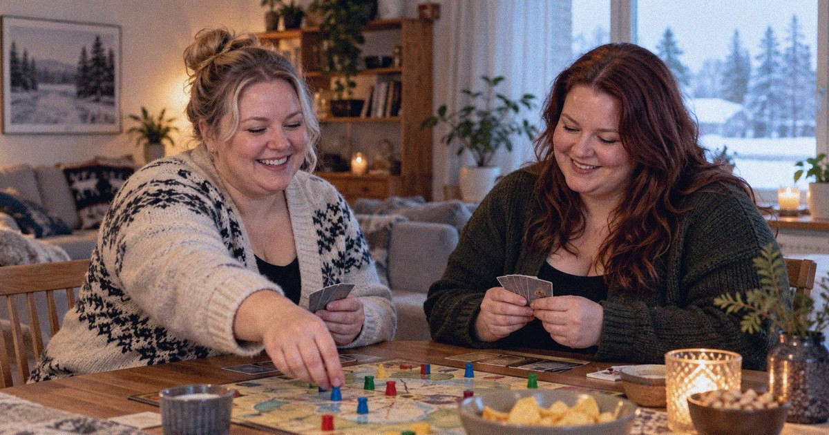 Naiset jakavat pienen iloisen pelihetken rauhallisessa kodissa.