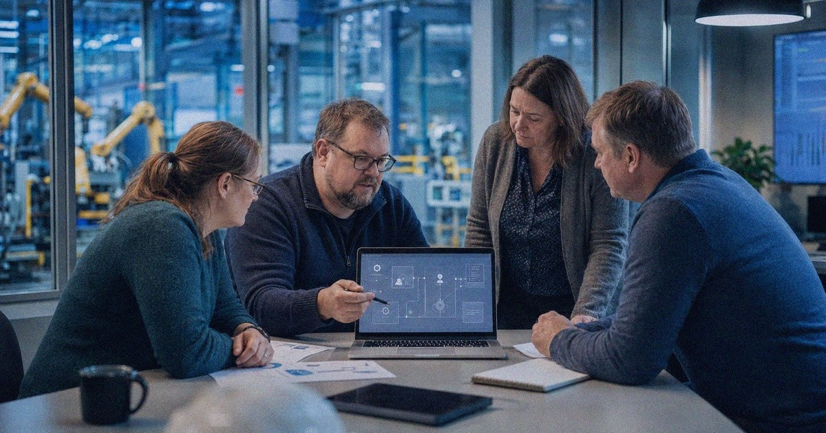 Ohjelmistoinsinööri ja yrityksen asiantuntijat rakentavat yhdessä tekoälyratkaisua kannettavan tietokoneen äärellä.