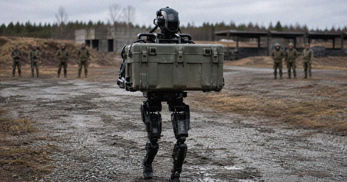 Musta humanoidirobotti kantaa varustelaatikkoa sotilaallisella harjoitusalueella.