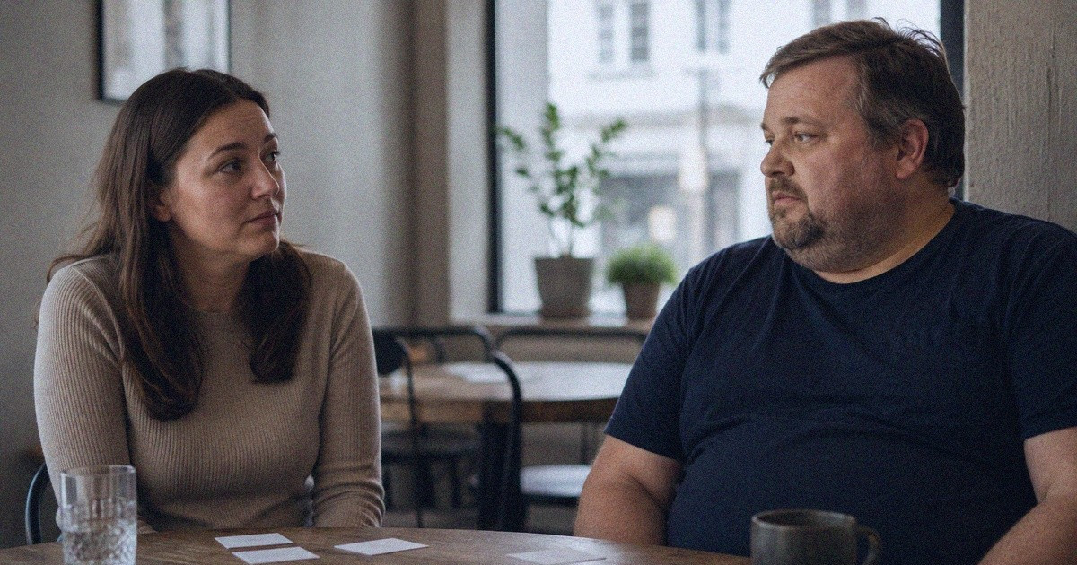 Kaksi ihmistä vastaa kysymyksiin hieman vaivaantuneilla ensitreffeillä kahvilassa