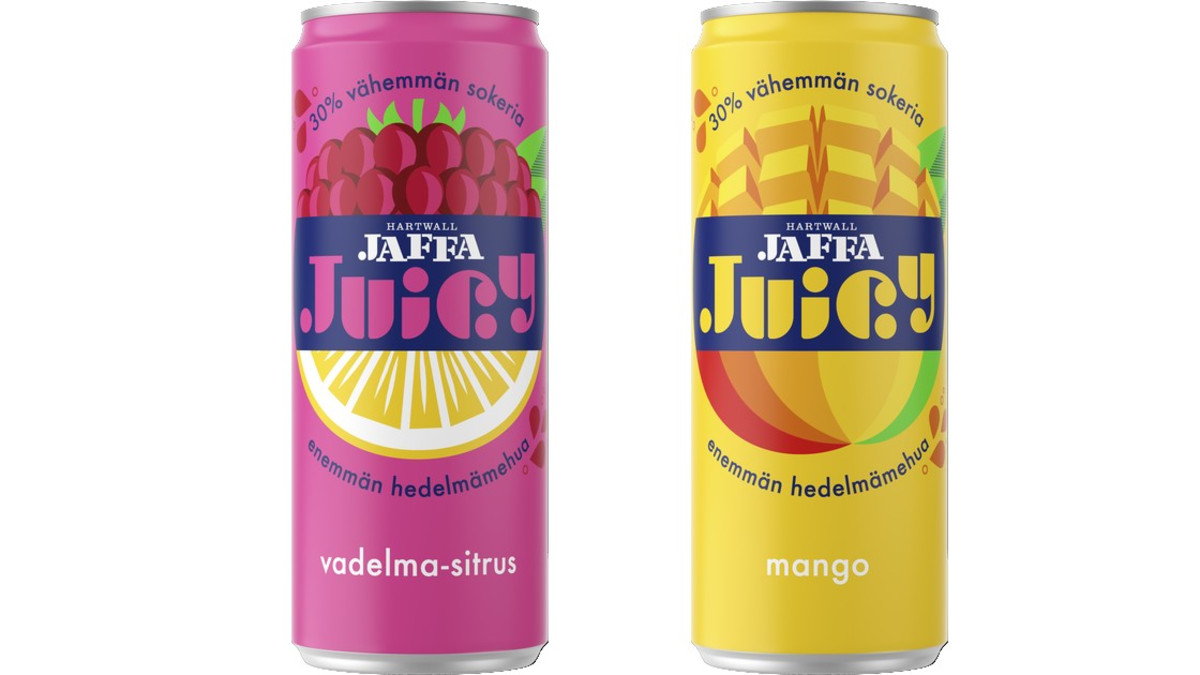 Hartwall-uutuus Jaffa Juicy sisältää hedelmämehua - makuina mango ja vadelma-sitrus