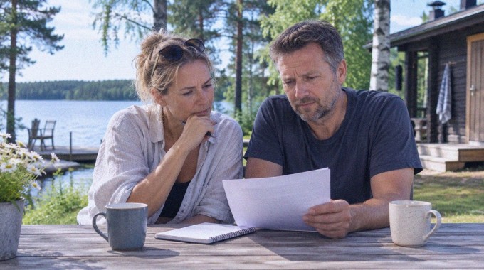 Suomalainen perhe tarkastelee mökin ylläpitokuluja järvenrantamökin pihassa