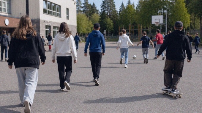 Lapset ja nuoret liikkuvat koulun pihalla eri tavoin liikemittaritutkimuksen aikana.