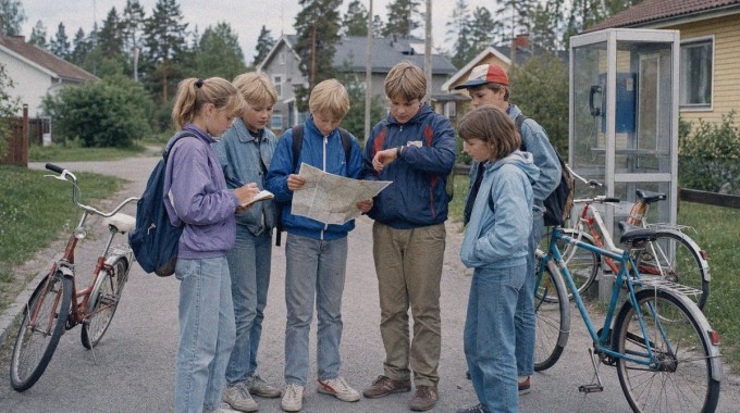 Lapset tutkivat paperikarttaa polkupyörien ja lankapuhelimen vieressä.