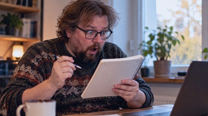 Silmälasipäinen mies tarkastelee muistikirjaansa kynä kädessään.