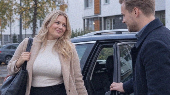 Työlaukkua kantava aikuinen hymyilee auton oven avanneelle kumppanille.