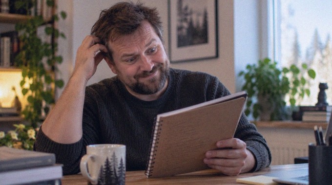 Mies tarkastelee muistikirjaansa hämmentyneen huvittuneena.