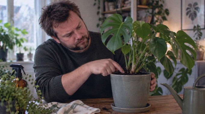 Mies tarkistaa huonekasvin kasvualustaa ennen kastelua.