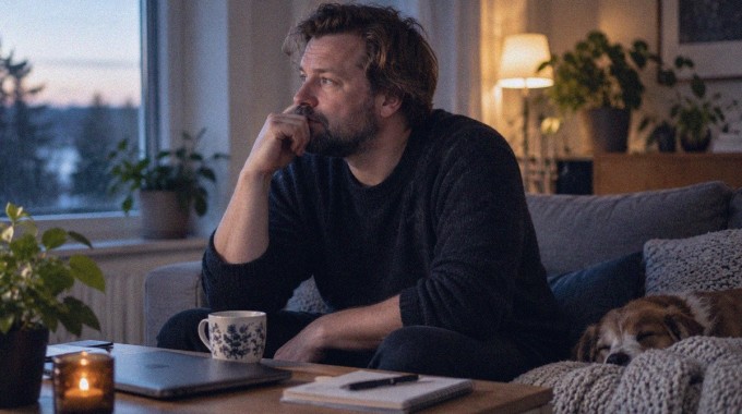 Mies istuskelee kotona töiden jälkeen.