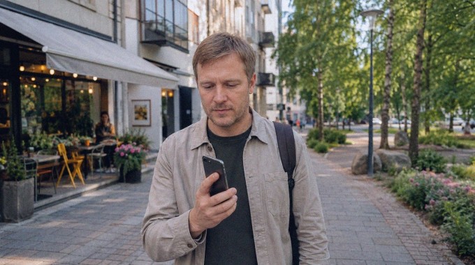 Puhelimen kartalle tallennettuja kohteita tarkasteleva ihminen kaupunkikadulla.