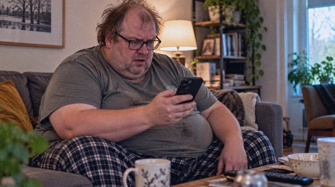 Silmälasipäinen mies katsoo puhelintaan hämmentyneenä olohuoneessa.
