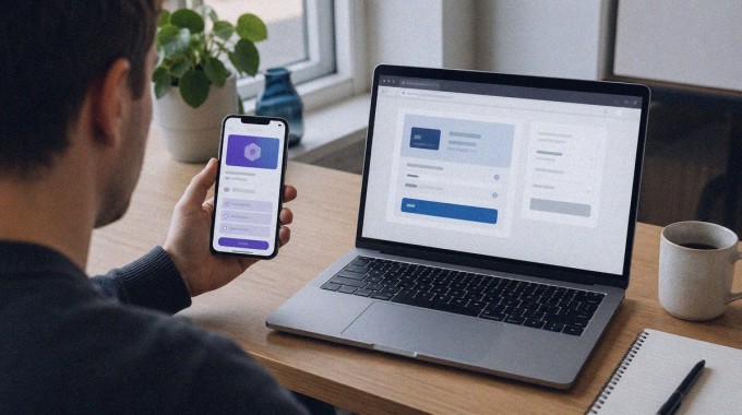Puhelin ja kannettava tietokone näyttävät kaksi erilaista digitaalisen ostoksen maksureittiä.