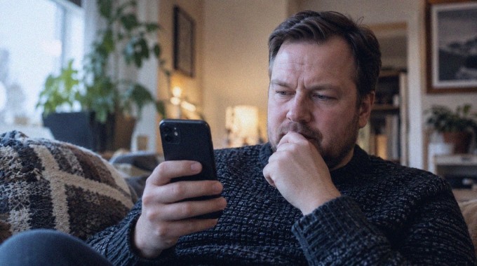 Mies tarkastelee puhelimessa näkyvää julkaisua mietteliäänä.