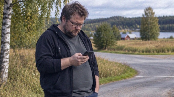 Mies tarkistaa puhelintaan maaseudun tienristeyksessä.