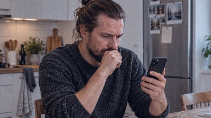 Mies tarkistaa puhelimensa asetuksia keittiön pöydän ääressä.