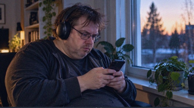 Kuulokkeita käyttävä mies kirjoittaa puhelimellaan ikkunan ääressä.