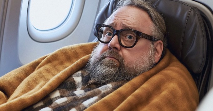 Matkustaja on varautunut pitkälle lennolle vesipullolla, kuulokkeilla ja mukavilla vaatteilla.
