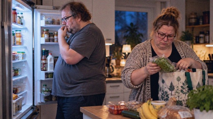 Kaksi aikuista keittiössä, toinen avoimen jääkaapin ja toinen kauppakassin äärellä.