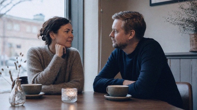 Kaksi aikuista keskustelee läheisesti ja katsoo toisiaan rauhallisessa kahvilassa.