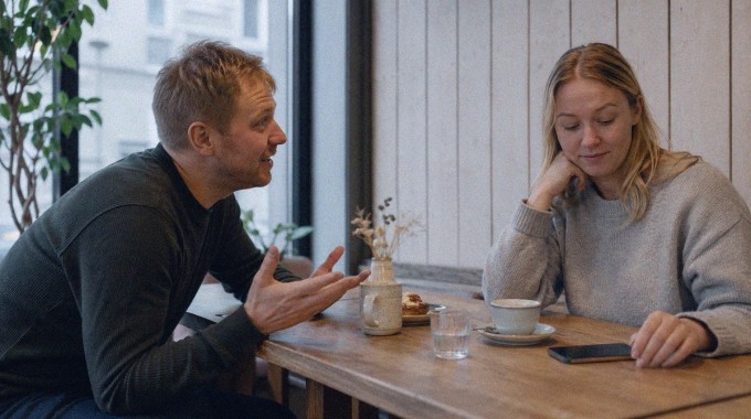 Toinen ihminen kertoo tarinaa samalla kun keskustelukumppanin huomio harhailee puhelimeen