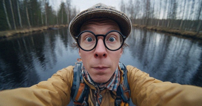 Mies pelleilee järvellä.