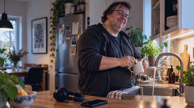 Mies pesee mukia keittiössä ja hyräilee kuulokkeiden ollessa pöydällä.
